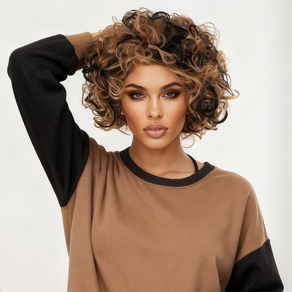 10-Inch Brown And Black Highlighted Small Curly Wig for Women, Made of High-Temperature Synthetic Fiber with a Rose Net, Glue-Free And Breathable. This Two-Tone Highlighted Curly Hairstyle Is Perfect for Daily Outings, Unique Small Curls