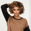 10-Inch Brown And Black Highlighted Small Curly Wig for Women, Made of High-Temperature Synthetic Fiber with a Rose Net, Glue-Free And Breathable. This Two-Tone Highlighted Curly Hairstyle Is Perfect for Daily Outings, Unique Small Curls