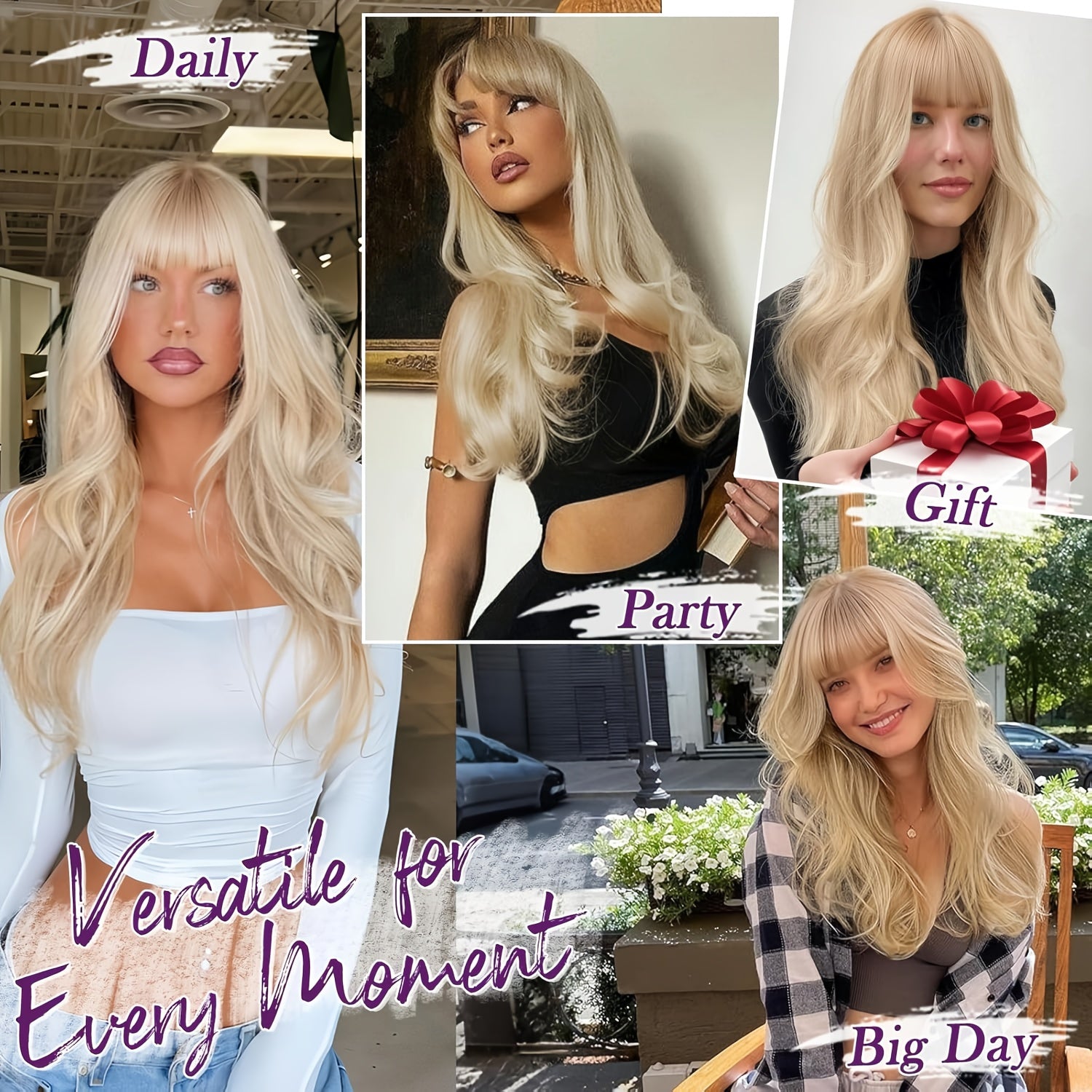 Stylish And Elegant Long Wavy Curly Golden Wig with Bangs for Women, Big Wave Styling High Temperature Synthetic Fiber, Rose Net Cap Suitable for Daily Work, Parties, Or Cosplay Photography