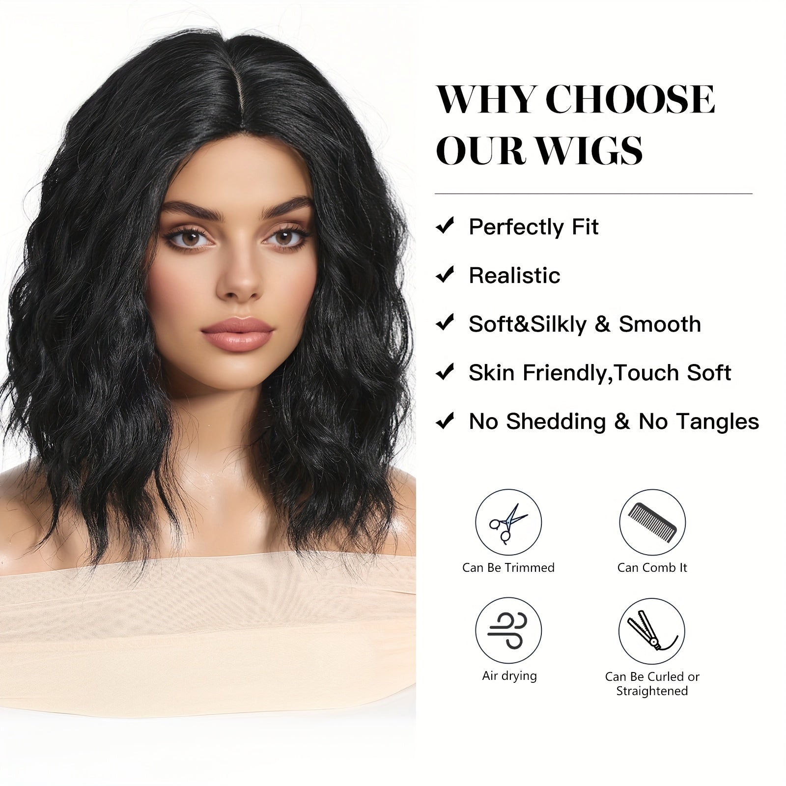 Women's Short Black Curly Wig with Volume - -Resistant Synthetic Hair Suitable for Parties, Cosplay & Daily Wear - Short Cut, Look, -Stylable Fiber (No Lace Front)
