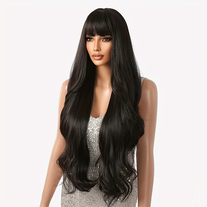 30-Inch Black Large Wavy Wig with Straight Bangs, Long Curls, High Density, Heat-Resistant Fibers, Breathable Rose Net Cap, Adjustable, Luxurious And Elegant, Suitable for Daily Life, Work, Parties, Halloween, Music Festivals, And Carnival Costumes