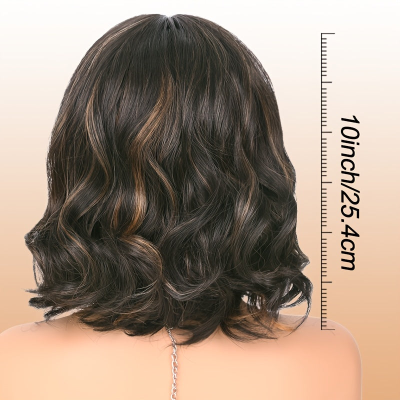 Short Bob Wave Wig | Highlight Brown, Synthetic, 4*1 Small Lace Wig, Middle Part, Daily Party Use, Water Wave Curl, Elastic