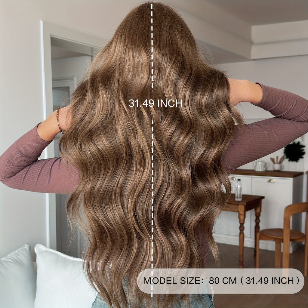 31-Inch Warm Brown Wig for Women with Long Hair, Large Waves, Made of High-Temperature Fiber, Hairline, Rose Net, Suitable for Daily Use and Party Wear
