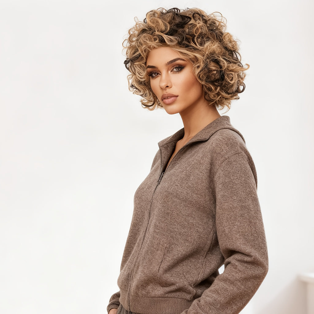 10-Inch Brown And Black Highlighted Small Curly Wig for Women, Made of High-Temperature Synthetic Fiber with a Rose Net, Glue-Free And Breathable. This Two-Tone Highlighted Curly Hairstyle Is Perfect for Daily Outings, Unique Small Curls