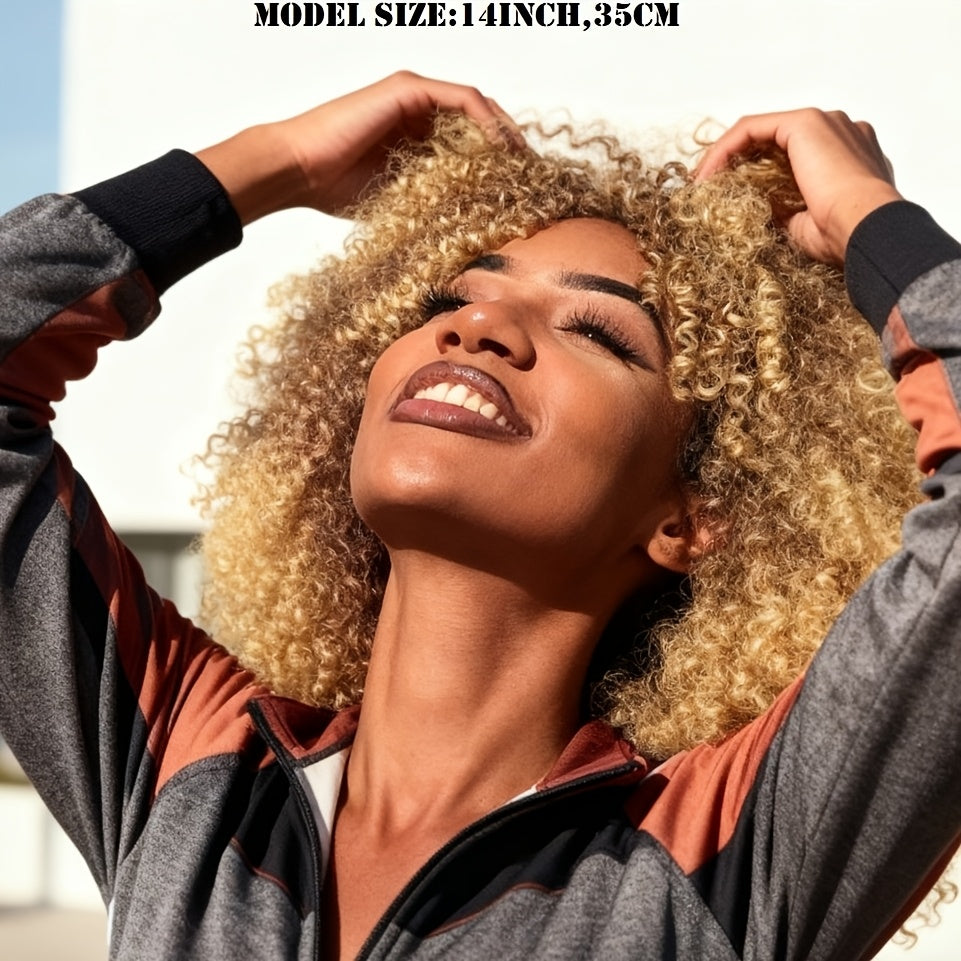 13.78inch Ombre Golden Curly Glueless Wig for Women Suitable for Women - Heat-Resistant Synthetic Hair, No Needed, Easy Wear & Go for Daily Use, Cosplay, Weddings, Music Festivals, Lightweight Volume & Look