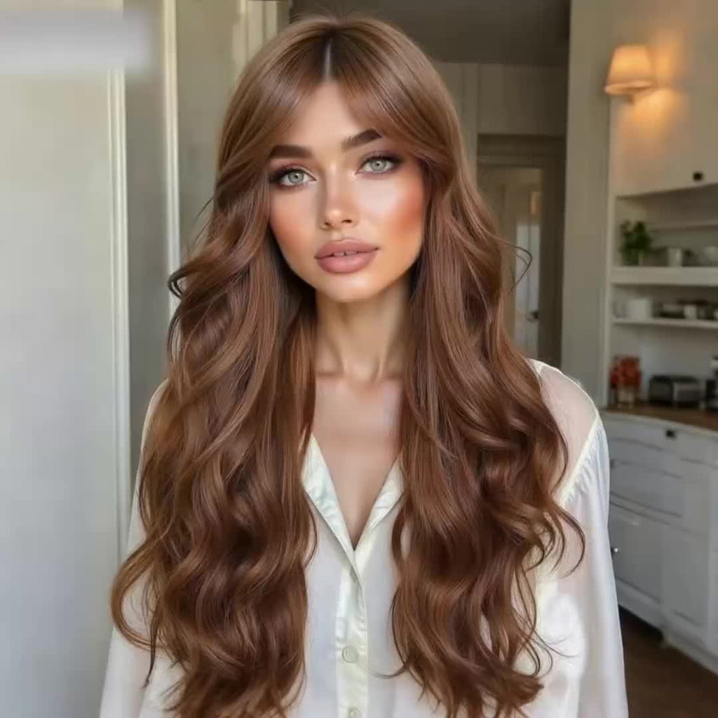 Women'S Brown Eight-Character Bangs Large Wave Curly Wig | Breathable, Adjustable Buckle, Suitable for Daily Wear, Dates, Commuting, Christmas and Holiday Dressing, Made of High Temperature Fiber