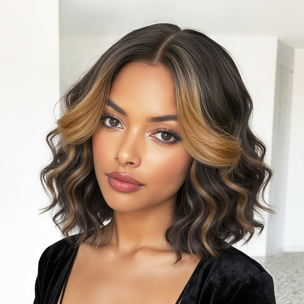 Short Bob Wave Wig | Highlight Brown, Synthetic, 4*1 Small Lace Wig, Middle Part, Daily Party Use, Water Wave Curl, Elastic