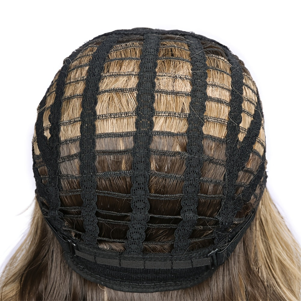 A Long, Wavy Wig with Highlights in Brown, Featuring Fluffy, Large Curls. This Heat-Resistant Synthetic Wig Is Glueless And Comes with Bangs, Perfect for Cosplay Or Everyday Wear